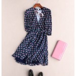 New 2016 autumn fashion brand silk floral patterns print elegant dress 3/4 sleeve deep v-neck casual cute wrap dresses blue