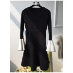 New 2016 autumn winter stunning color block flare sleeve women knitted dress cute a-line black white casual dresses