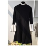 New 2016 autumn winter stunning color block flare sleeve women knitted dress cute a-line black white casual dresses