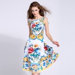 New 2016 summer fashion brand women floral porcelain tile print dress sleeveless casual knee length stunning dresses sexy