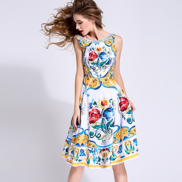 New 2016 summer fashion brand women floral porcelain tile print dress sleeveless casual knee length stunning dresses sexy