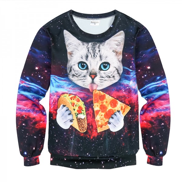 New 2017 Autumn Women/Men 3D Sweatshirt Printed Animal Cat Kitty Eat Pizza Galaxy Hoodies Casual Pullover Moleton Crewneck Tops