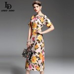 New 2017 Fashion Runway Designer Spring Summer Dress Women's Short Sleeve Colored Button Elegant Rose Floral Printed Dress