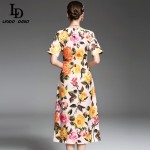 New 2017 Fashion Runway Designer Spring Summer Dress Women's Short Sleeve Colored Button Elegant Rose Floral Printed Dress