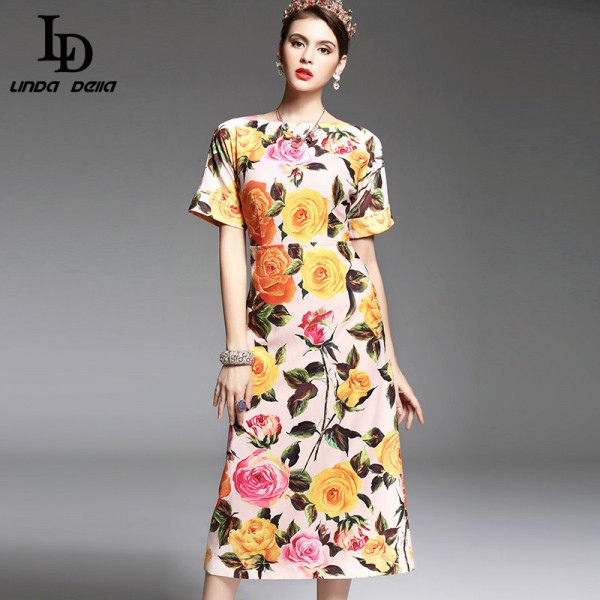 New 2017 Fashion Runway Designer Spring Summer Dress Women's Short Sleeve Colored Button Elegant Rose Floral Printed Dress