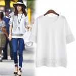 New 2017 Fashion T Shirt Women Fifth Sleeve O-neck Casual Tops Sexy Lace Crochet Embroidery Top Tees Blusas Plus Size 5XL