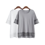 New 2017 Fashion T Shirt Women Fifth Sleeve O-neck Casual Tops Sexy Lace Crochet Embroidery Top Tees Blusas Plus Size 5XL