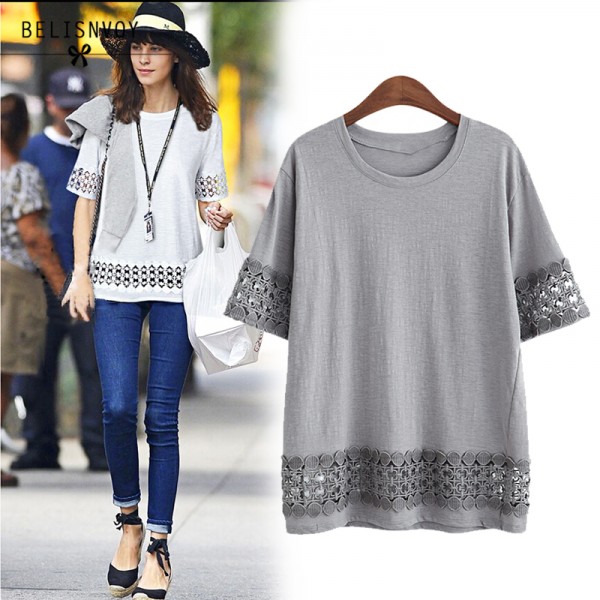 New 2017 Fashion T Shirt Women Fifth Sleeve O-neck Casual Tops Sexy Lace Crochet Embroidery Top Tees Blusas Plus Size 5XL