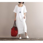 New 2017 Summer Arts style High Quality cotton linen Robe white Dress Women Vintage Short sleeve Loose Waist Plus Size Vestidos