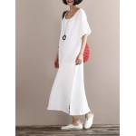 New 2017 Summer Arts style High Quality cotton linen Robe white Dress Women Vintage Short sleeve Loose Waist Plus Size Vestidos