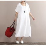 New 2017 Summer Arts style High Quality cotton linen Robe white Dress Women Vintage Short sleeve Loose Waist Plus Size Vestidos