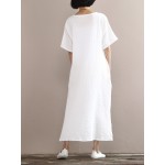 New 2017 Summer Arts style High Quality cotton linen Robe white Dress Women Vintage Short sleeve Loose Waist Plus Size Vestidos