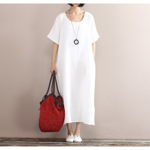 New 2017 Summer Arts style High Quality cotton linen Robe white Dress Women Vintage Short sleeve Loose Waist Plus Size Vestidos