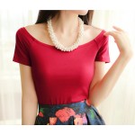 New 2017 Summer Fashion Sexy Off The Shoulder Tops For Women Casual Short Sleeve Cotton T-shirts Black White Red Gray Blue Color