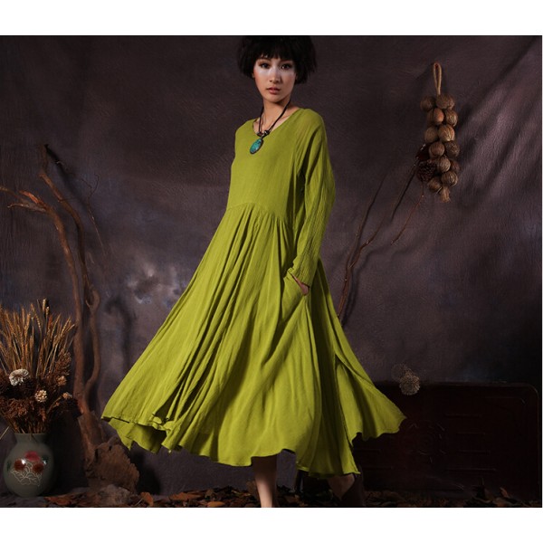 New 2017 spring autumn women's solid colors cotton linen big hem fashion dress long-sleeved big size vintage maxi dresses 950627