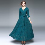 New 2017 spring summer fashion sexy long black lace dress deep v-neck vintage belt dresses casual 3/4 sleeve green red