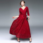 New 2017 spring summer fashion sexy long black lace dress deep v-neck vintage belt dresses casual 3/4 sleeve green red