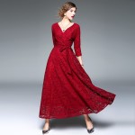 New 2017 spring summer fashion sexy long black lace dress deep v-neck vintage belt dresses casual 3/4 sleeve green red