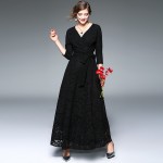 New 2017 spring summer fashion sexy long black lace dress deep v-neck vintage belt dresses casual 3/4 sleeve green red