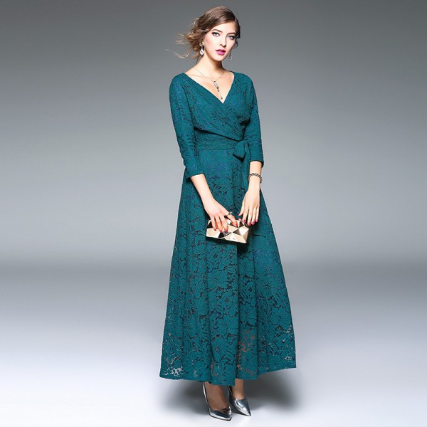 New 2017 spring summer fashion sexy long black lace dress deep v-neck vintage belt dresses casual 3/4 sleeve green red