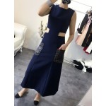 New 2017 spring summer fashion women girls cut out waist sexy dress novelty sleeveless patchwork PU pockets dresses white blue