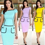 New 2018 Women Dress Pocket Design Office Work Wear Dress Short Sleeve Dress Formal Vintage Pencil Dress Blue Knee-length  L92