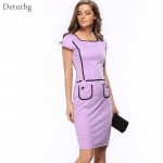 New 2018 Women Plus Size Summer Elegant Pockets Patchwork Tunic Wear to Work Casual Bodycon Pencil Office Slim Dress Dr111