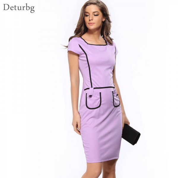 New 2018 Women Plus Size Summer Elegant Pockets Patchwork Tunic Wear to Work Casual Bodycon Pencil Office Slim Dress Dr111