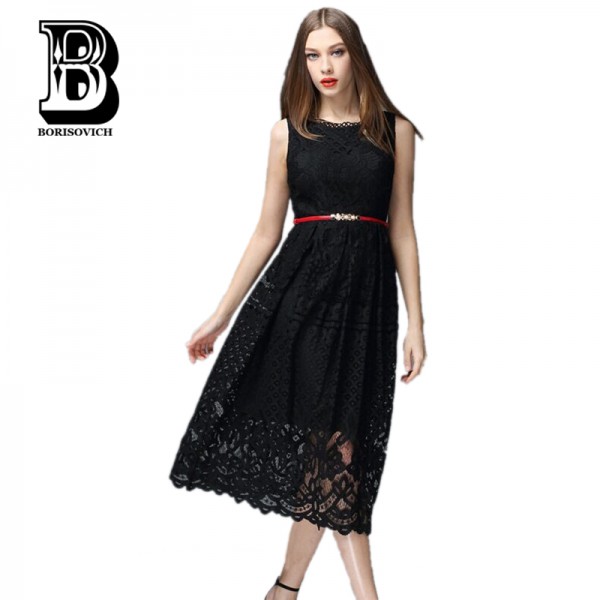 New Arrival 2016 Fashion European Style Sleeveless Slim Summer Long Casual Dress Women Elegant Black Lace Party Dresses H137