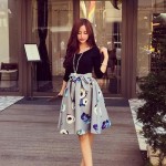 New Arrival 2016 Women's Clothing Elegance Flowers Puff V-Neck Women Dress Stitching Floral Female Clothing Autumn Bow Patchwork