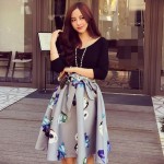 New Arrival 2016 Women's Clothing Elegance Flowers Puff V-Neck Women Dress Stitching Floral Female Clothing Autumn Bow Patchwork