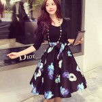 New Arrival 2016 Women's Clothing Elegance Flowers Puff V-Neck Women Dress Stitching Floral Female Clothing Autumn Bow Patchwork