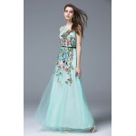 New Arrival 2017 Women's O Neck Sleeveless Embroidery Sexy Tulle Laid Over Elegant Long Runway Dresses in Plus Sizes