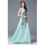 New Arrival 2017 Women's O Neck Sleeveless Embroidery Sexy Tulle Laid Over Elegant Long Runway Dresses in Plus Sizes