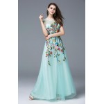 New Arrival 2017 Women's O Neck Sleeveless Embroidery Sexy Tulle Laid Over Elegant Long Runway Dresses in Plus Sizes