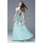 New Arrival 2017 Women's O Neck Sleeveless Embroidery Sexy Tulle Laid Over Elegant Long Runway Dresses in Plus Sizes