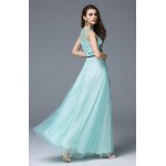 New Arrival 2017 Women's O Neck Sleeveless Embroidery Sexy Tulle Laid Over Elegant Long Runway Dresses in Plus Sizes