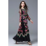 New Arrival 2018 Laides' O Neck Long Sleeves Embroidery A Line Layered Elegant Maxi Runway Dresses in Two Colors Plus Sizes