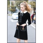 New Arrival 2018 Spring Women's Peter Pan Collar Long Sleeves Ruffles Beaded Embroidery Designer Dresses Fashion Velour Dresses