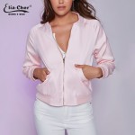 New Arrival Autumn Bomber Full Sleeve O -Neck Satin Jackets Zipper Regular Fashion Women Clothing Pink Outerwear & Coats 8629