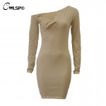 New Arrival Fashion Autumn Winter Dress Women V Neck Buttons Long Sleeve one shoulder Vestidos Sexy Skinny tunique femme QL2774