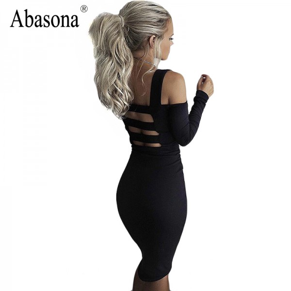 New Arrival Hot Party Dresses Summer 2017 Solid Long Sleeve Hollow Out Back Fashion Bandage Bodycon Black Sexy Dress