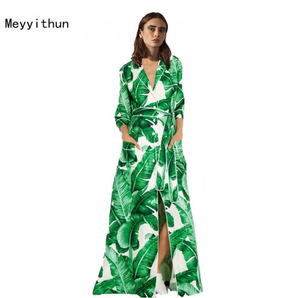 New Arrival Runway Amazing Green Banana Leaves Printed Loose Long Dress Maxi Dress  161008ZX01