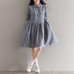 New Arrival Spring Autumn Women Plaid Dress Turn-Down Collar Casual Loose Pleated Cotton Elbise Gray Black Long Sleeve Dresses