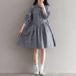 New Arrival Spring Autumn Women Plaid Dress Turn-Down Collar Casual Loose Pleated Cotton Elbise Gray Black Long Sleeve Dresses