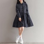 New Arrival Spring Autumn Women Plaid Dress Turn-Down Collar Casual Loose Pleated Cotton Elbise Gray Black Long Sleeve Dresses