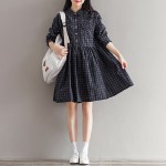 New Arrival Spring Autumn Women Plaid Dress Turn-Down Collar Casual Loose Pleated Cotton Elbise Gray Black Long Sleeve Dresses