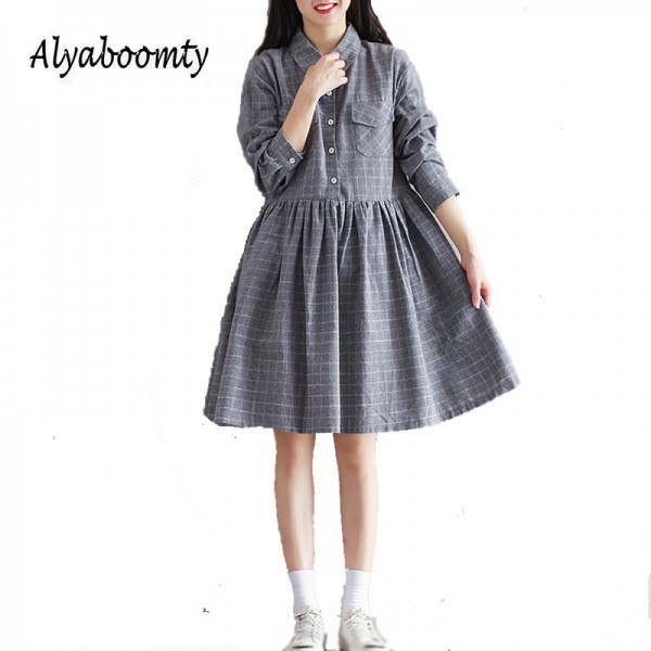 New Arrival Spring Autumn Women Plaid Dress Turn-Down Collar Casual Loose Pleated Cotton Elbise Gray Black Long Sleeve Dresses