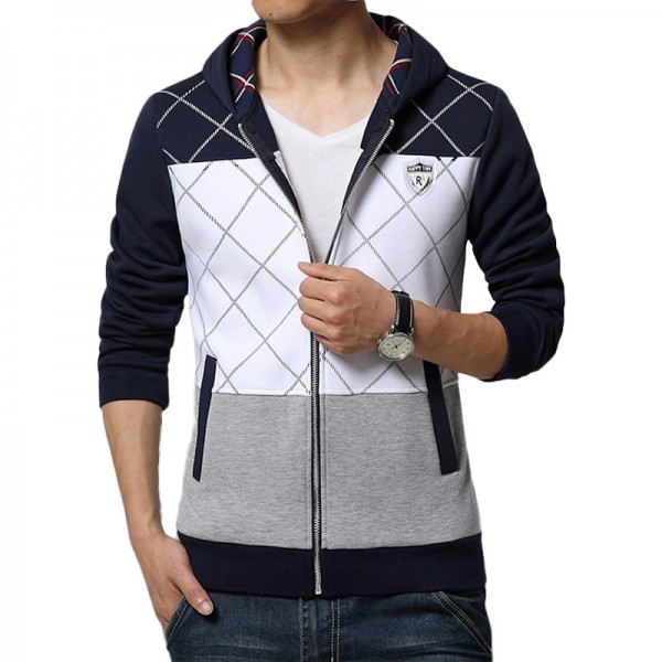 New Arrive 2017 Men Casual Hoodies Spring Brand Fashion Slim Fit Zipper Men Sweatershirt Plaid Patchwork Clothing