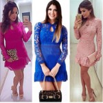 New Arrive Vestidos Women Fashion Casual Lace Dress 2016 O-Neck Long sleeve Pink Evening Party Dresses Vestido de festa